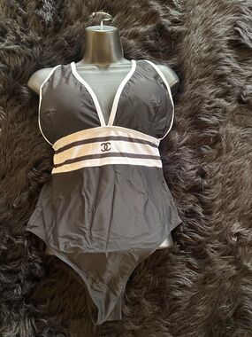 CHANEL Black One-Piece Swimsuit with White Trim